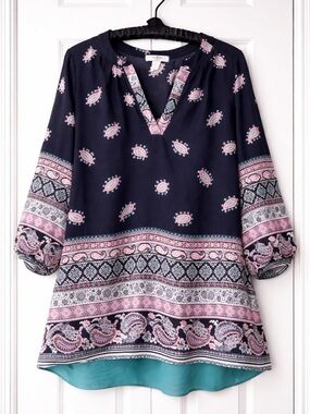 Moa Moa Paisley Boho Tunic Blouse L XL Split Back Festival